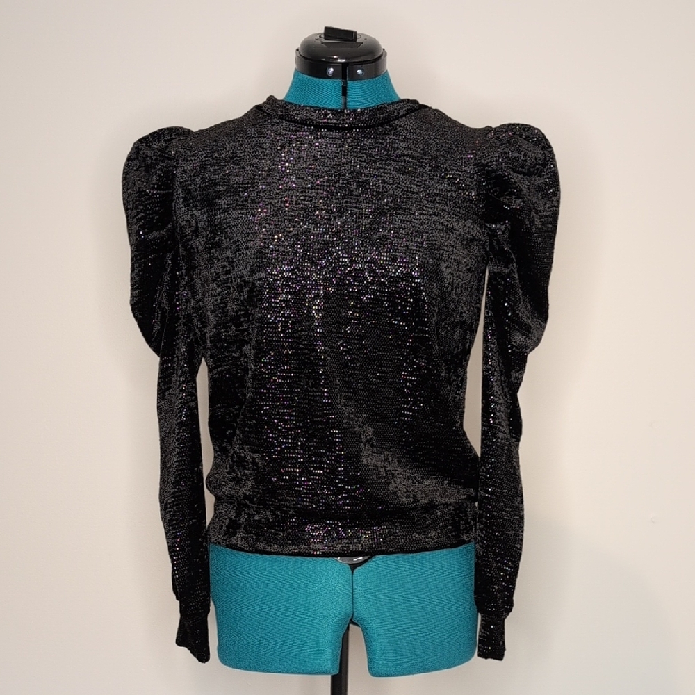 Express Shimmering Black Puff Sleeve Blouse